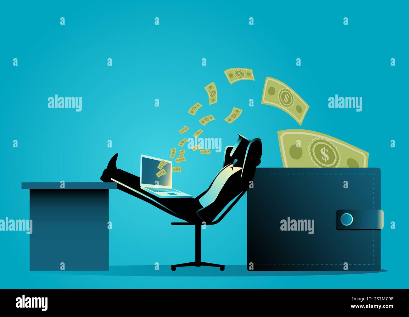 Uomo che si rilassa mentre riceve un trasferimento di denaro dal computer portatile al portafoglio. Business online, freelance, concetto di investimento Illustrazione Vettoriale