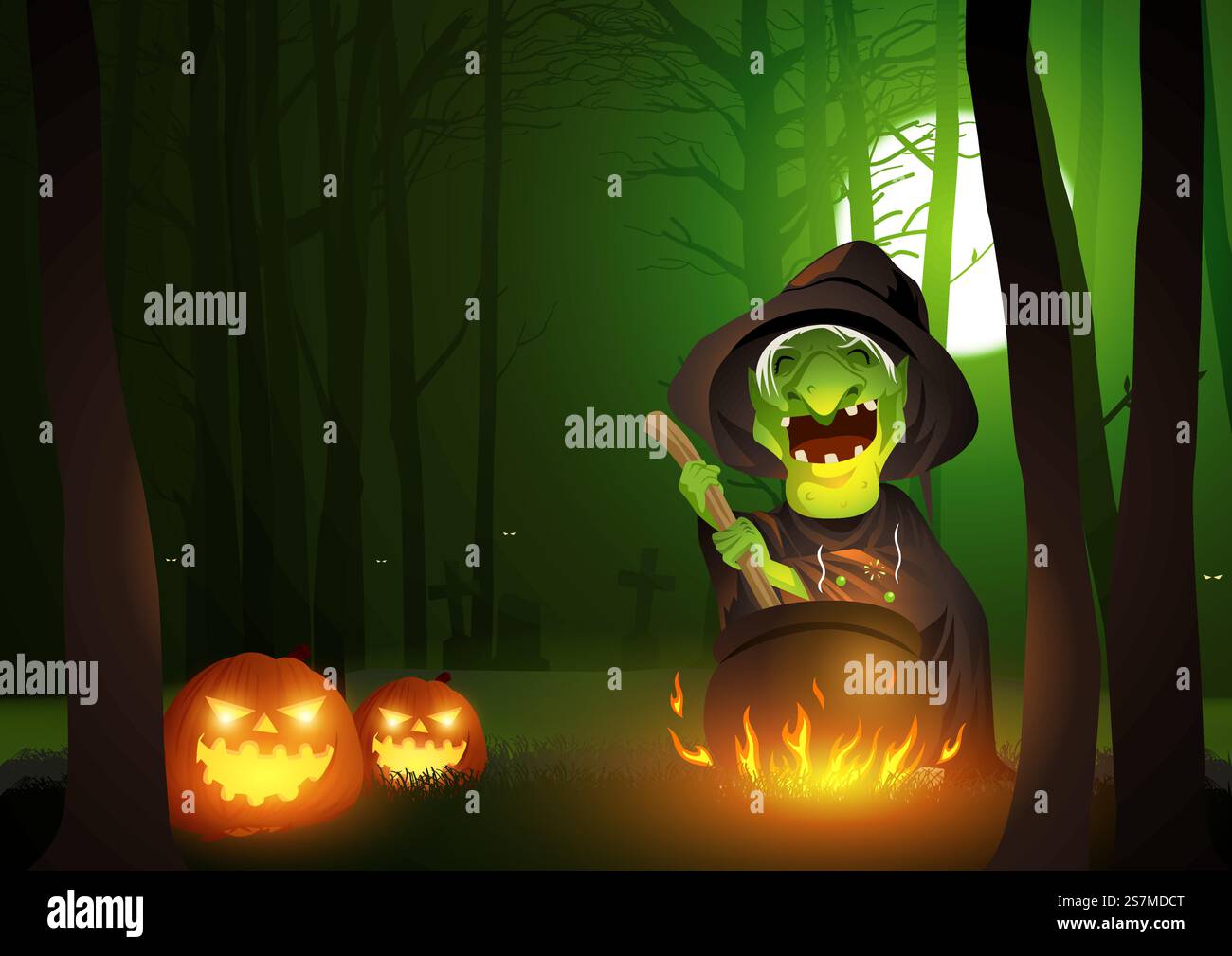 Illustrazione di un cartone animato con una strega che agita pozione nel calderone nei boschi scuri e spaventosi, per tema e sfondo di Halloween Illustrazione Vettoriale