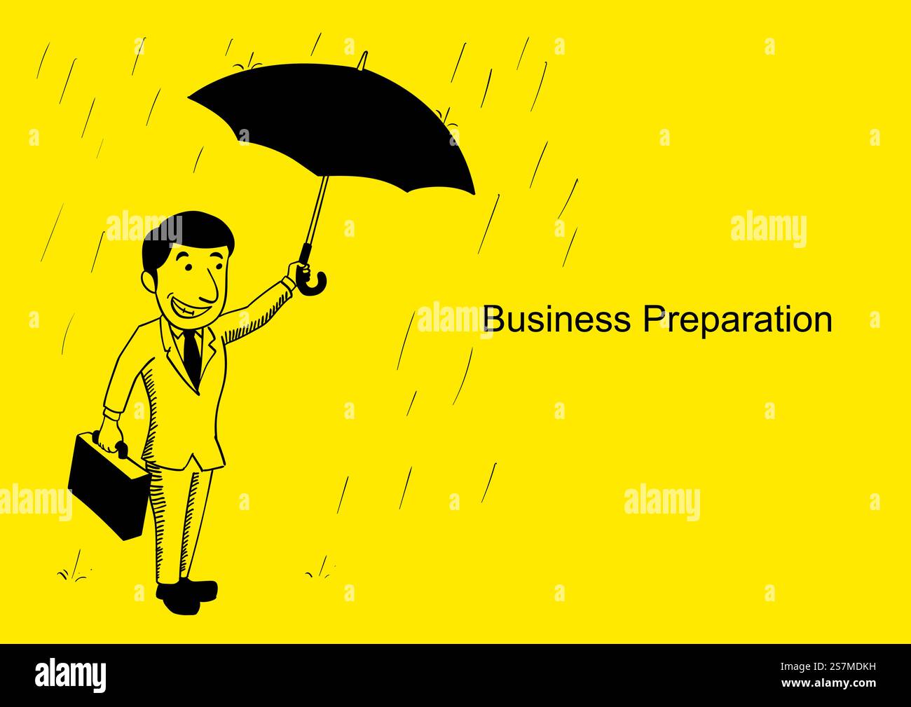 Illustrazione vettoriale di un uomo d'affari in piedi con un ombrello durante il giorno di pioggia, illustrazione dei cartoni animati Illustrazione Vettoriale