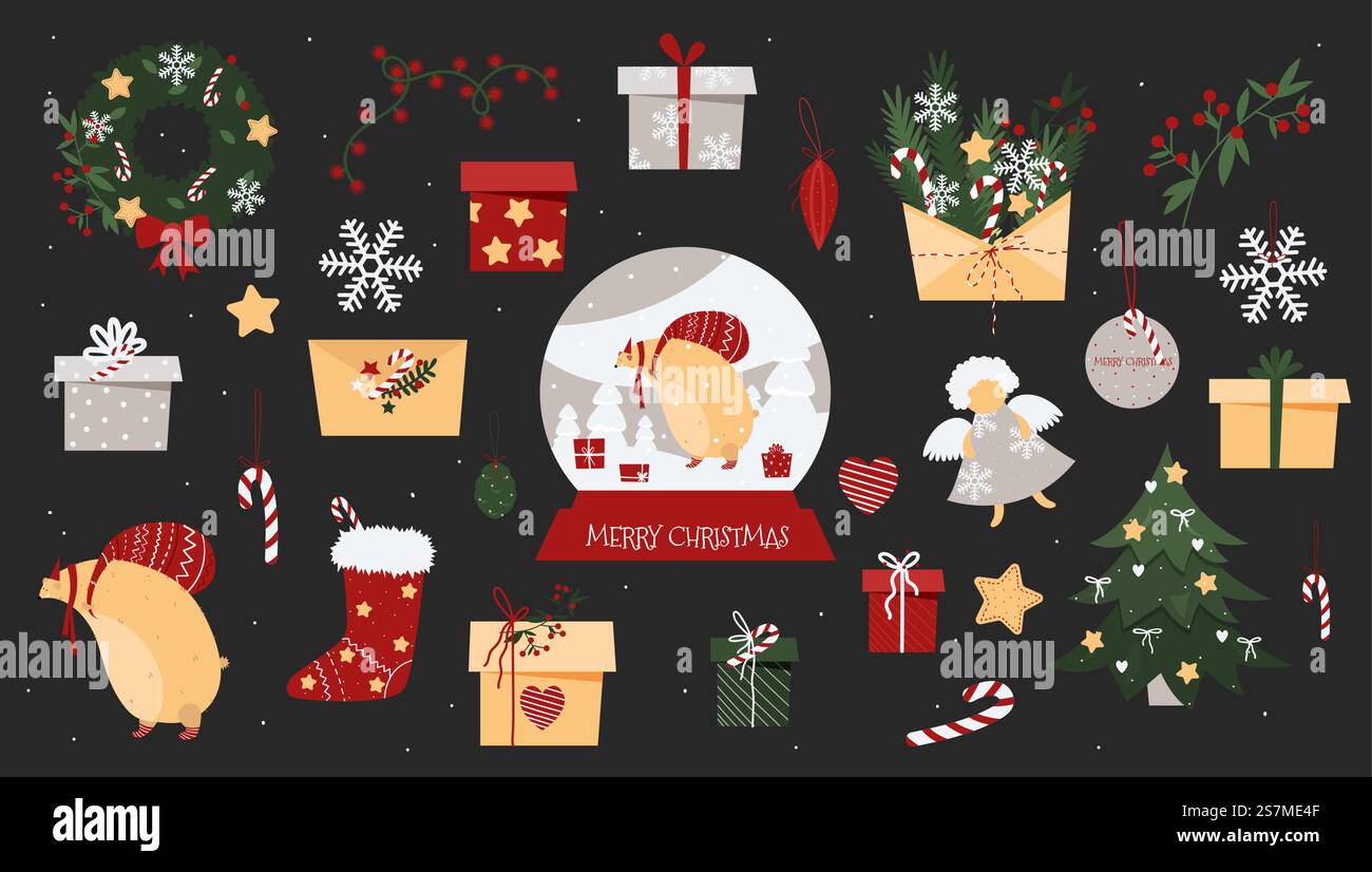 Albero di Natale, corona di Capodanno, palla di vetro, regali, busta, fiocco di neve e orso. Elementi natalizi per il design isolati. Articoli per l'anno nuovo su sfondo scuro.. Albero di Natale, corona di Capodanno, palla di vetro, regali, busta, fiocco di neve e orso. Elementi natalizi isolati per il design natalizio. Articoli dell'anno nuovo su sfondo scuro in stile vettoriale piatto disegnato a mano. Illustrazione Vettoriale