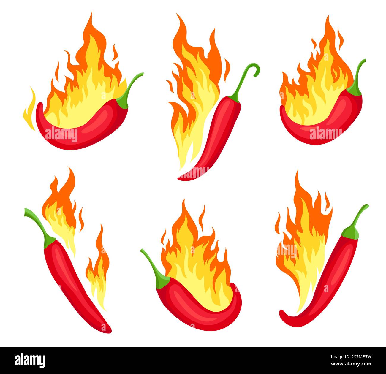 Chili va a fuoco. Cartoni di peperoni rossi caldi con fiamme. Icona del cibo piccante, emblema della salsa messicana o del ristorante. Set di etichette per peperoncino. Ingrediente vegetale per condire e cucinare. Chili va a fuoco. Cartoni di peperoni rossi caldi con fiamme. Icona del cibo piccante, emblema della salsa messicana o del ristorante. Set di etichette per peperoncino Illustrazione Vettoriale