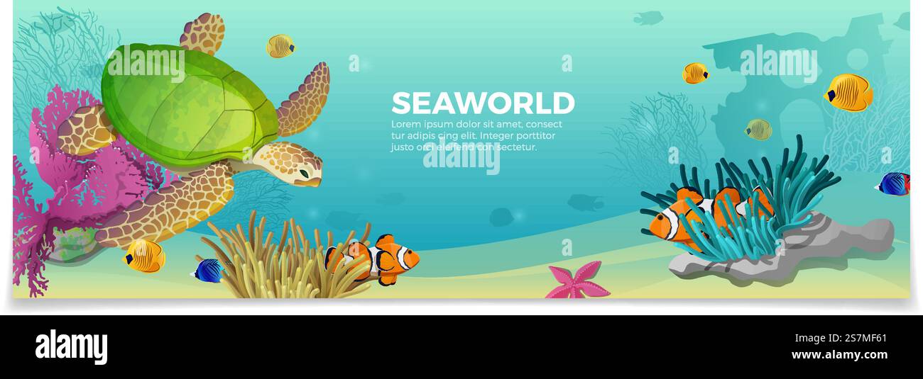 Sea World vita sottomarina natura modello di bellezza naturale. Sito Web dell'agenzia di viaggi, brochure, illustrazione vettoriale. Tartaruga, pesce basso, anemonefish, pagliaccio sotto lo sfondo di colore vegetale Illustrazione Vettoriale