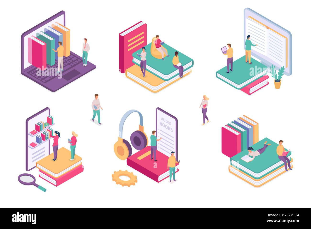 Libreria isometrica online. Archivio digitale del dizionario eBook per studenti. Libro scolastico al telefono o al computer. Set di vettori di apprendimento della letteratura Web. Apprendimento online tramite telefono, illustrazione digitale di e-learning. Libreria isometrica online. Archivio digitale del dizionario eBook per studenti. Libro scolastico al telefono o al computer. Set di vettori di apprendimento della letteratura Web Illustrazione Vettoriale