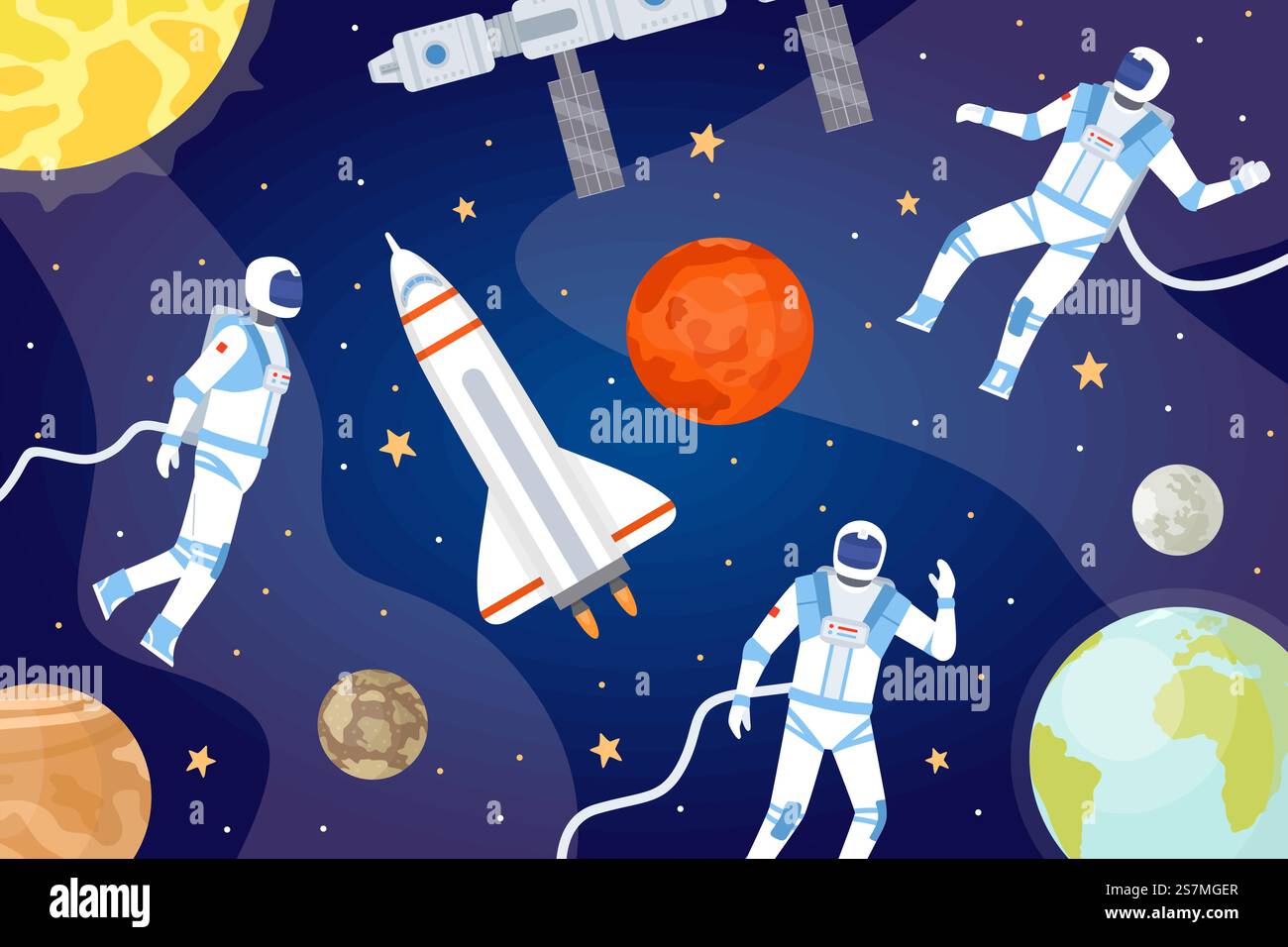 Sfondo cosmico con gli astronauti. Spazio con astronavi, pianeti, stelle e astronauti che esplorano il cosmo. Banner vettoriale dell'universo cartoni animati. Spaceman nell'universo, pianeta e astronauta illustrazione. Sfondo cosmico con gli astronauti. Spazio con astronavi, pianeti, stelle e astronauti che esplorano il cosmo. Banner vettoriale dell'universo cartoni animati Illustrazione Vettoriale