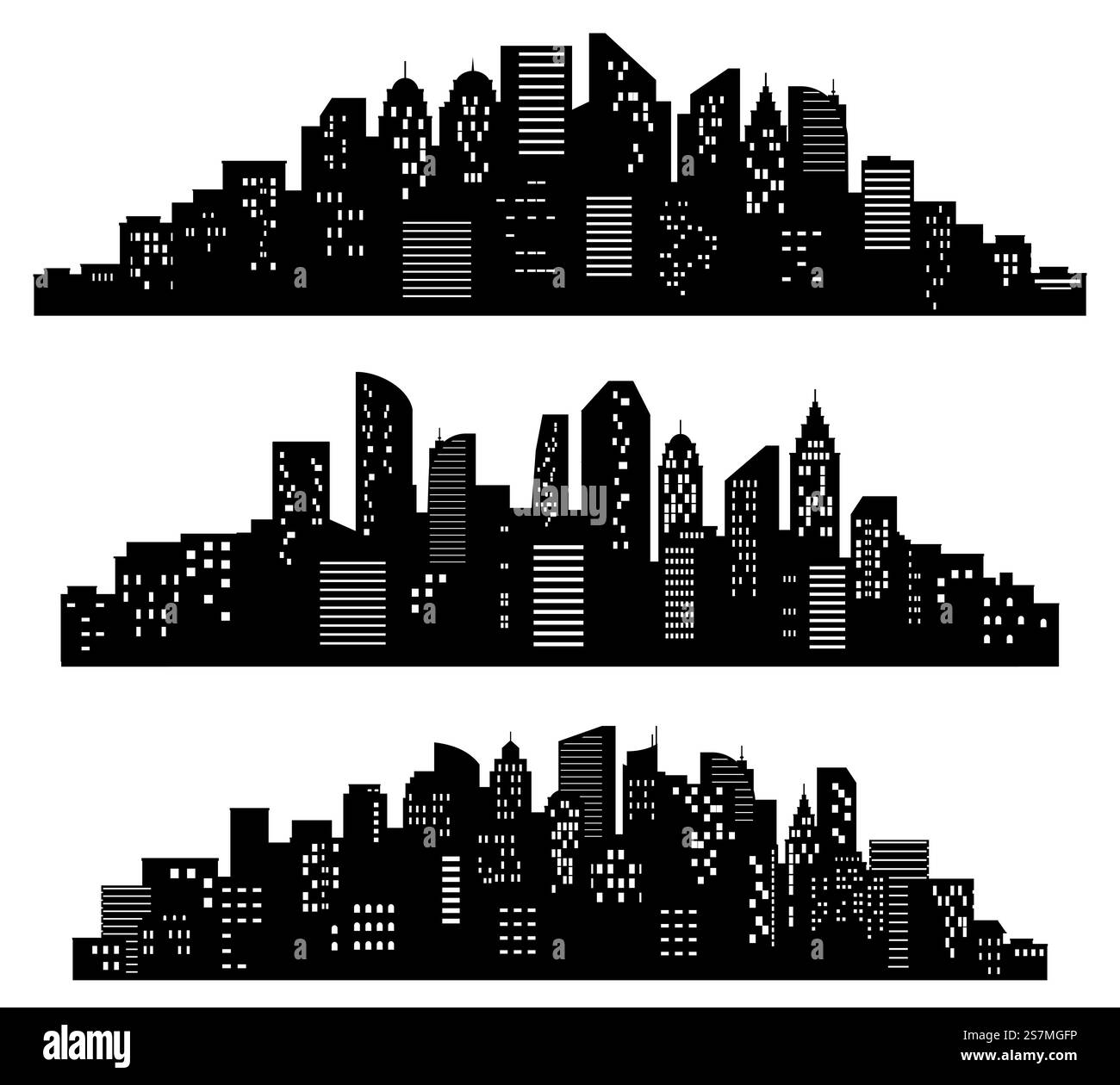 Silhouette di città. Gli edifici cittadini, la città notturna e il panorama urbano orizzontale formano il set vettoriale. Ombre nere del quartiere o del centro città con edifici e grattacieli. Vista panoramica monocromatica. Silhouette di città. Gli edifici cittadini, la città notturna e il panorama urbano orizzontale formano il set vettoriale Illustrazione Vettoriale