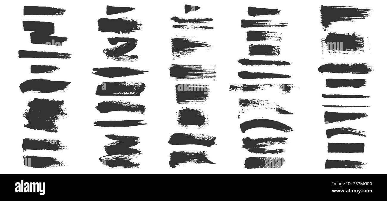 Spazzole grunge. Tratti di schizzo con pennello, texture di distress con spruzzi neri e bordino di vernice. Macchia di inchiostro ruvida e set vettoriale di elementi calligrafici. Illustrazione schizzo di forma grintosa, grafica a spruzzo. Spazzole grunge. Tratti di schizzo con pennello, texture di distress con spruzzi neri e bordino di vernice. Macchia di inchiostro ruvida e set vettoriale di elementi calligrafici Illustrazione Vettoriale