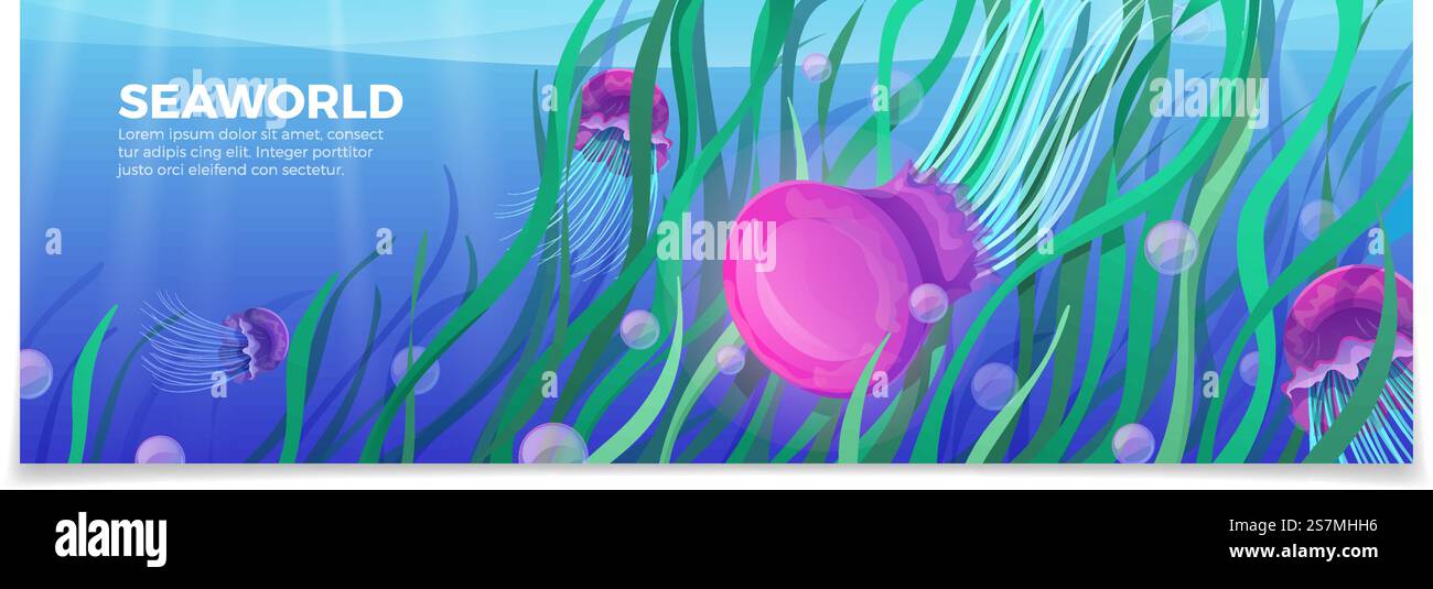 Sea World vita sottomarina natura modello di bellezza naturale. Time to Travel agenzia vacanze sito web opuscolo brochure illustrazione vettoriale. Meduse sott'acqua verde vegetale bolla di sfondo. Illustrazione Vettoriale