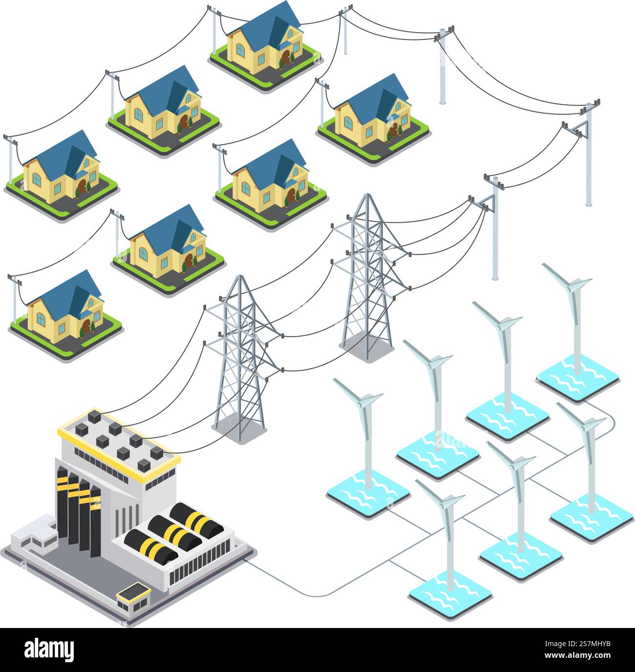 Concetto infografica del ciclo di alimentazione dell'elica del villaggio verde dell'energia eolica marina. Illustrazione vettoriale del sito Web in stile isometrico con isometria 3D. Ecologia eco power lifestyle collezione mondiale sostenibile Illustrazione Vettoriale
