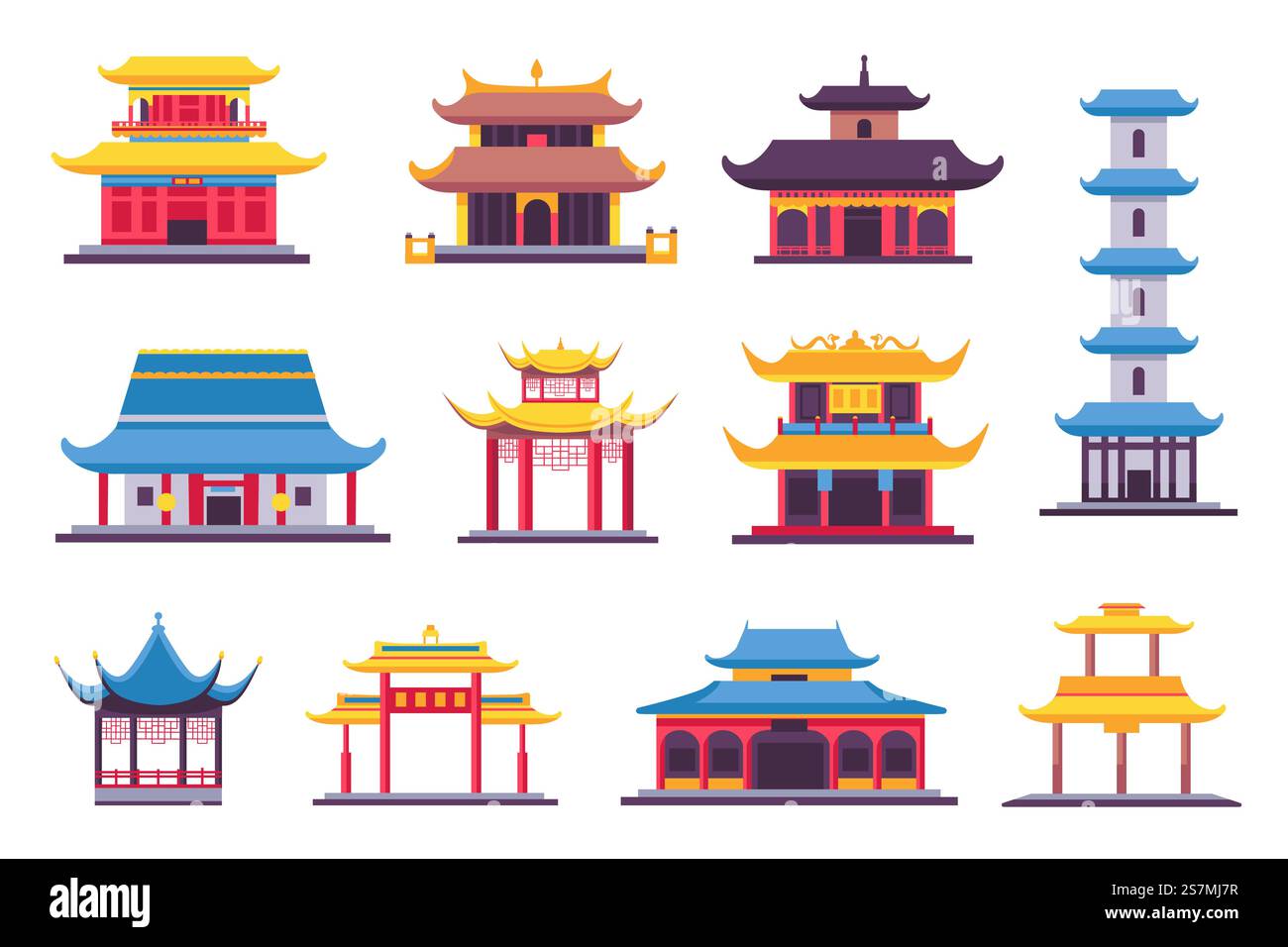 Edifici piatti cinesi e giapponesi, antico tempio, pagoda e santuario. Antica architettura asiatica in stile tradizionale. La Cina ospita un set vettoriale. Illustrazione di edifici giapponesi, architettura antica. Edifici piatti cinesi e giapponesi, antico tempio, pagoda e santuario. Antica architettura asiatica in stile tradizionale. La Cina ospita un set vettoriale Illustrazione Vettoriale