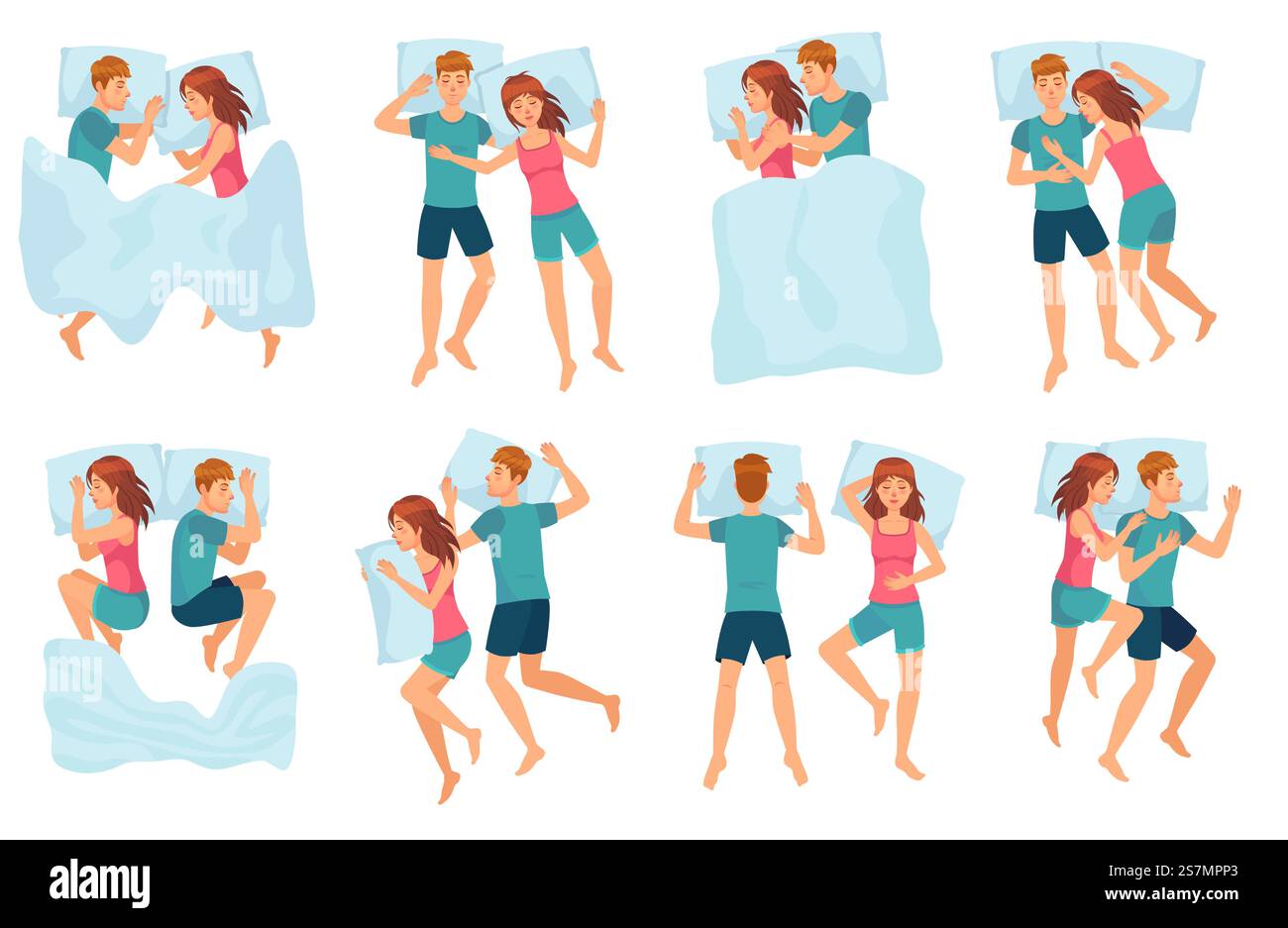 Le coppie dormono in pose diverse. Uomo e donna che dormono insieme, coppia a letto e sano sonno notturno vettore set. Un bambino e una ragazza carini che soffrono. Personaggi dei cartoni animati maschili e femminili che si addormentano... Le coppie dormono in pose diverse. Uomo e donna che dormono insieme, coppia a letto e sano sonno notturno vettore set Illustrazione Vettoriale