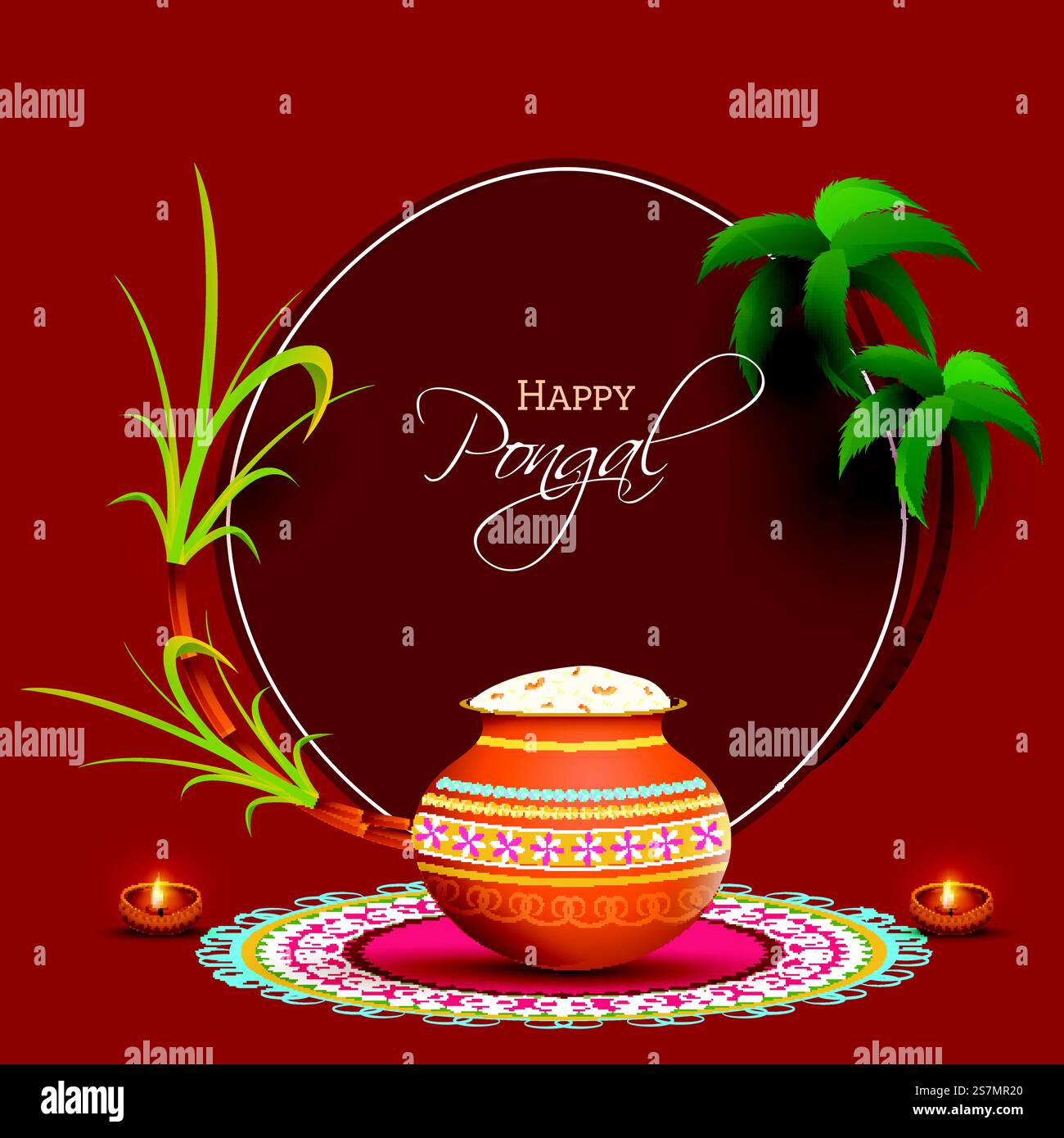 Sfondo rosso decorato con canna da zucchero, palme, lampade a olio illuminate (Diya) e fango di riso Pongali a Rangoli per la celebrazione Happy Pongal. Illustrazione Vettoriale