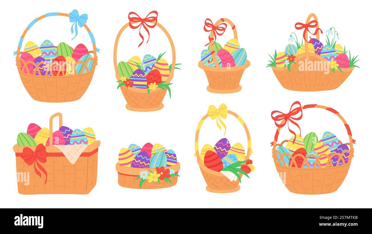 Cesti di Pasqua. Uova di cioccolato dipinte in cesto di vimini con nastro, erba, tulipano e fiore di neve. Set di vettori natalizi tradizionali primaverili. Cestino illustrativo di pasqua con uova. Cesti di Pasqua. Uova di cioccolato dipinte in cesto di vimini con nastro, erba, tulipano e fiore di neve. Set di vettori natalizi tradizionali primaverili Illustrazione Vettoriale