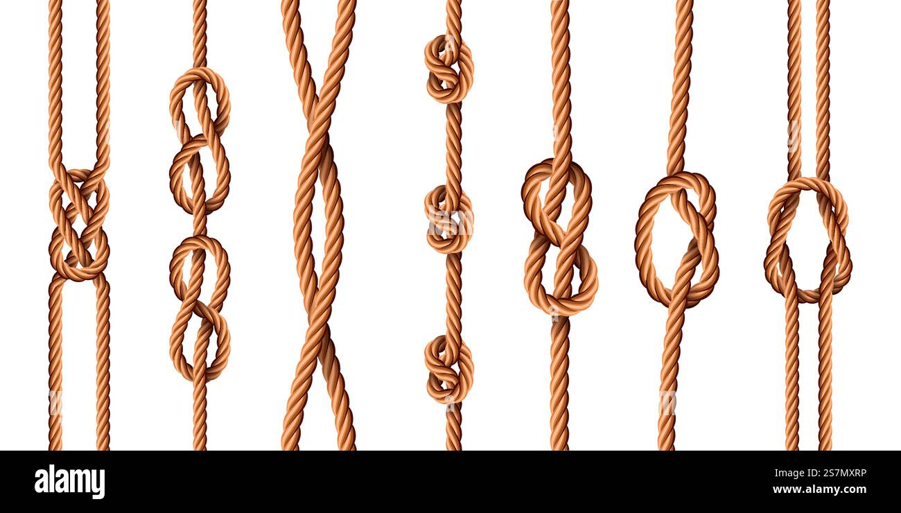 Nodi nautici. Corde realistiche con tipi di nodi da marinaio o da scout. Cavi di iuta marina legati con anelli. Set vettoriale di filettature di canapa per cartoni animati piegati. Illustrazione: Cavo del marinaio attorcigliato, cavo e cavo. Nodi nautici. Corde realistiche con tipi di nodi da marinaio o da scout. Cavi di iuta marina legati con anelli. Set vettoriale di filettature di canapa per cartoni animati piegati Illustrazione Vettoriale