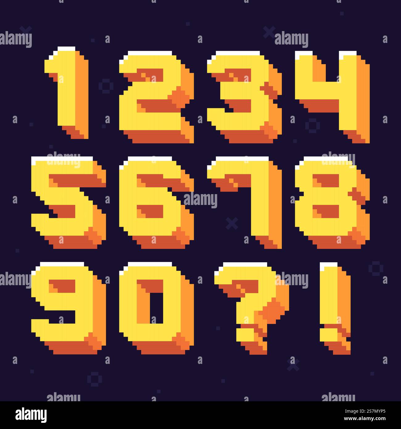 Numeri di pixel. Carattere numero pixel retro a 8 bit. Oldschool Games pixel Numbers, Arcade video gaming anni '80 grafica vettoriale set di simboli. Numeri di pixel. Set di illustrazioni vettoriali per il numero di pixel a 8 bit rétro Illustrazione Vettoriale