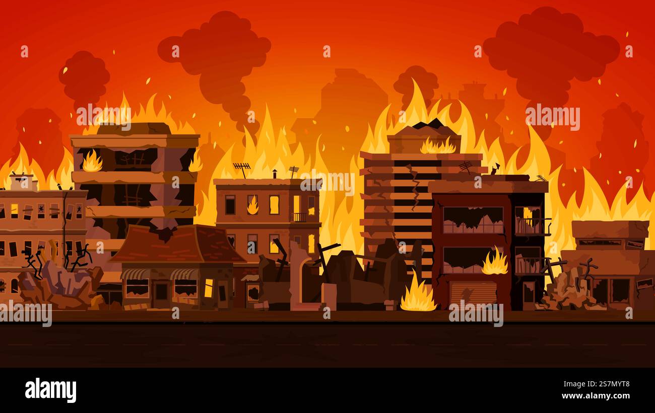 Cartoon paesaggio cittadino apocalittico con edifici distrutti in fiamme. Paesaggio urbano con case di strada bruciate e fumo. Fuoco nel vettore cittadino. Illustrazione del quartiere degli incendi, dei danni alla città e dell'incendio distrutto. Cartoon paesaggio cittadino apocalittico con edifici distrutti in fiamme. Paesaggio urbano con case di strada bruciate e fumo. Fuoco in città concetto vettoriale Illustrazione Vettoriale