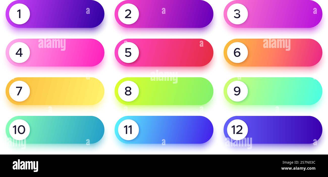 Pulsanti sfumatura con numeri di colore diverso. Arrotondare i punti elenco. Modello per applicazione, progettazione di siti Web o gioco. Linea o striscia luminosa per messaggi di informazioni, set di vettori pubblicitari. Pulsanti sfumatura con numeri di colore diverso. Modello punto elenco rotondo per applicazione, sito Web Illustrazione Vettoriale