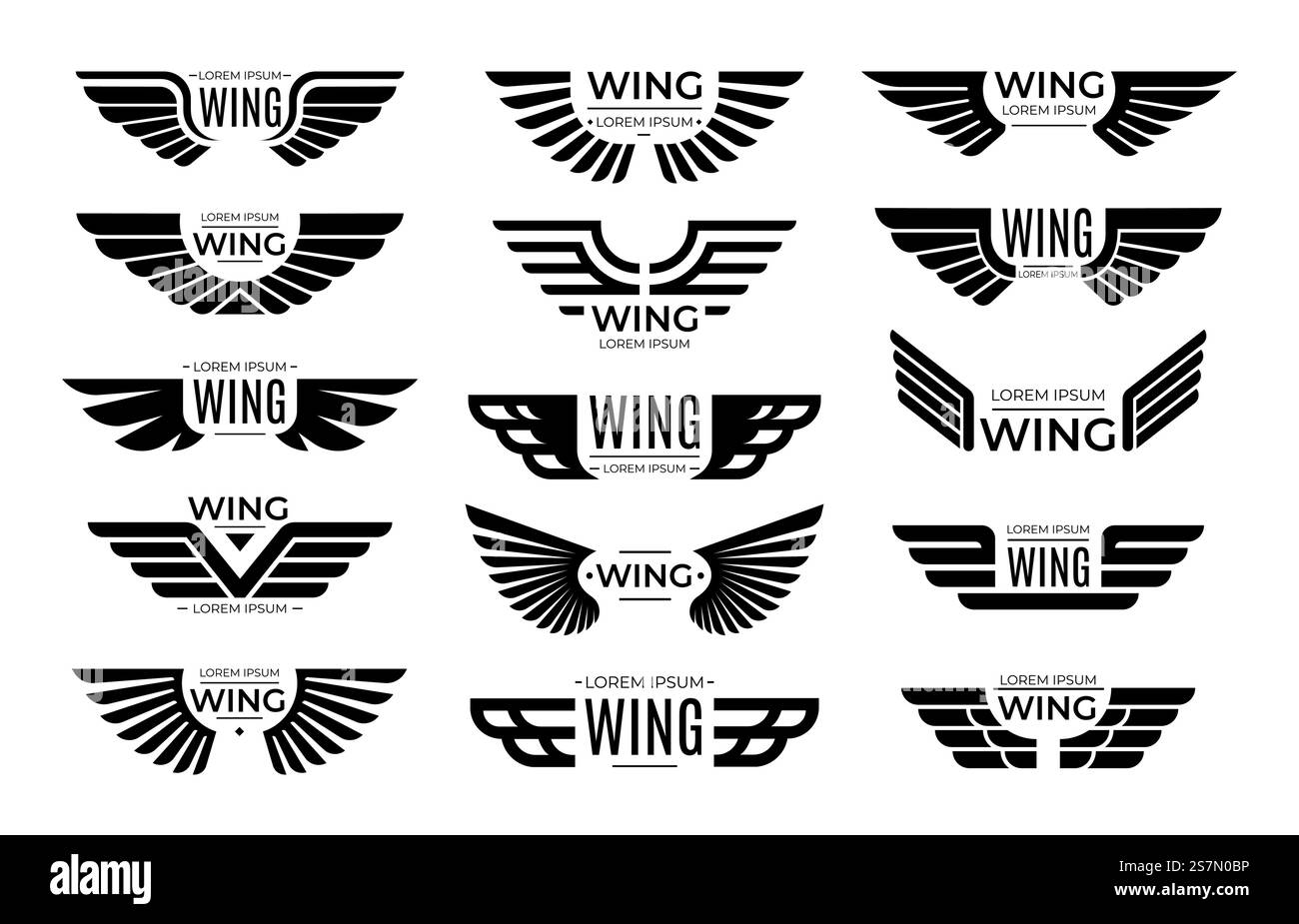 Distintivi Wings. Emblema volante, ala di uccello aquila e cornice alata. Stemma per piloti aeronautici, emblema dell'esercito o adesivo con logotipo per motociclisti. Set di icone vettoriali isolate. Distintivi Wings. Emblema volante, ala di uccello aquila e set vettoriale con telaio alato Illustrazione Vettoriale