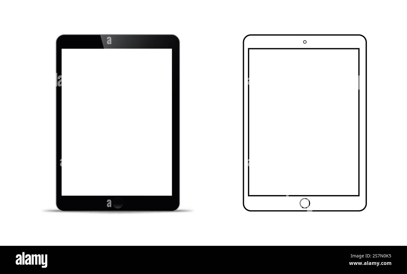 Mockup davanti a un tablet nero che sembra realistico con uno schermo bianco trasparente. Illustrazione Vettoriale