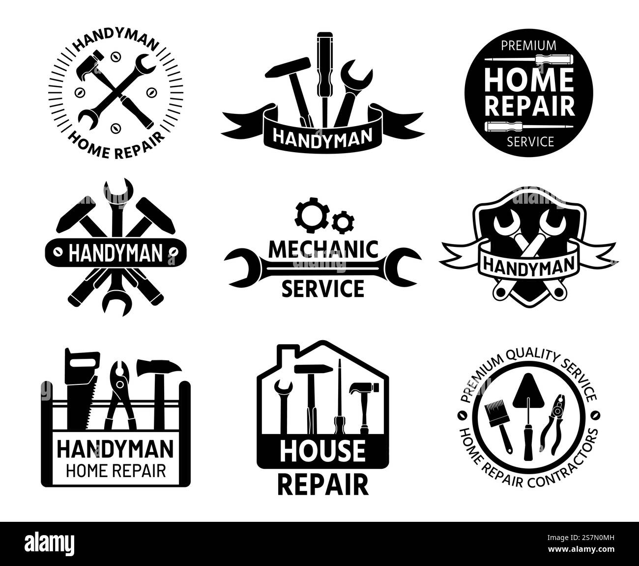 Logo handyman. Loghi per i servizi di riparazione meccanica e domestica con attrezzi da costruzione e pratici, chiave e martello. Set vettoriale timbro azienda costruttore. Cassetta attrezzi con cacciavite, spazzola e chiave. Logo handyman. Loghi per i servizi di riparazione meccanica e domestica con attrezzi da costruzione e pratici, chiave e martello. Set vettoriale timbro azienda costruttore Illustrazione Vettoriale
