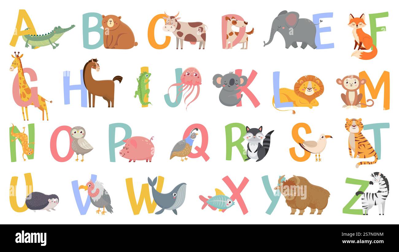 Alfabeto cartoni animati per bambini. Impara le lettere con animali divertenti, l'ABC dello zoo e l'alfabeto inglese per i bambini. Caratteri alfabetici degli animali. Serie di illustrazioni delle icone vettoriali isolate. Alfabeto cartoni animati per bambini. Impara le lettere con un animale divertente, l'ABC dello zoo e l'alfabeto inglese per i bambini Illustrazione Vettoriale