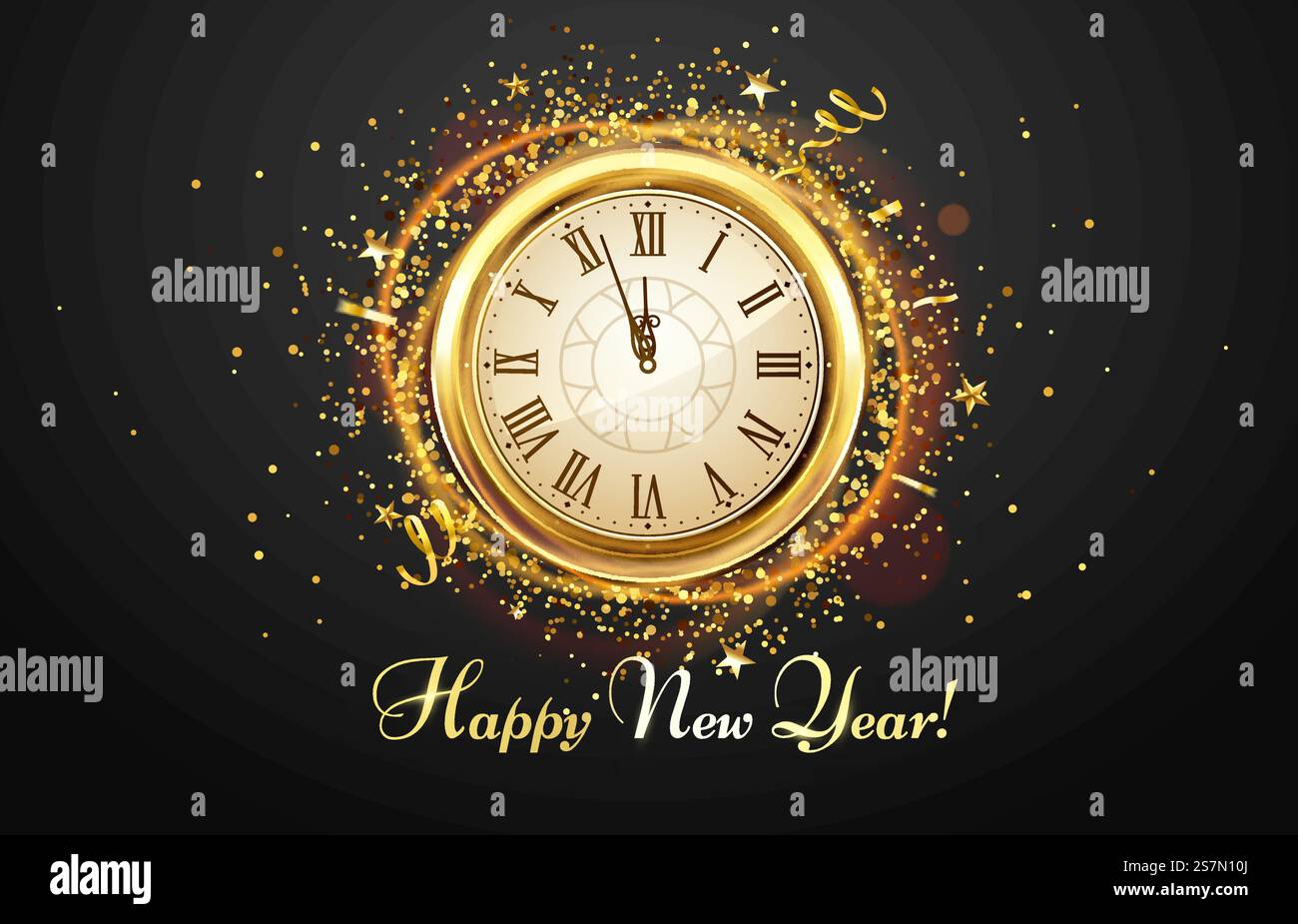 Conto alla rovescia per l'anno nuovo. Orologio antico natalizio con coriandoli dorati, auguri di buon anno. poster di natale in oro 2020, la notte di natale celebra l'ora, illustrazione vettoriale del conto alla rovescia. Conto alla rovescia per l'anno nuovo. Orologio d'epoca natalizio con coriandoli dorati, cartoncino di auguri di Capodanno illustrazione vettoriale Illustrazione Vettoriale