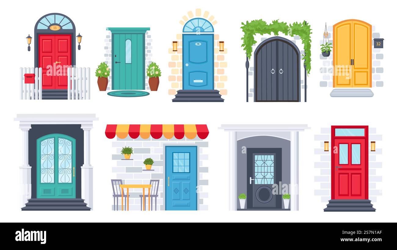 Ingresso principale della casa. Architettura di porte con archi, colonne, vasi di fiori, lampada, gradino e tappetino. Set vettoriale esterno per pareti della facciata. Illustrazione dell'edificio dell'ingresso, esterno della parte anteriore dell'ingresso. Ingresso principale della casa. Architettura di porte con archi, colonne, vasi di fiori, lampada, gradino e tappetino. Set vettoriale esterno per pareti della facciata Illustrazione Vettoriale