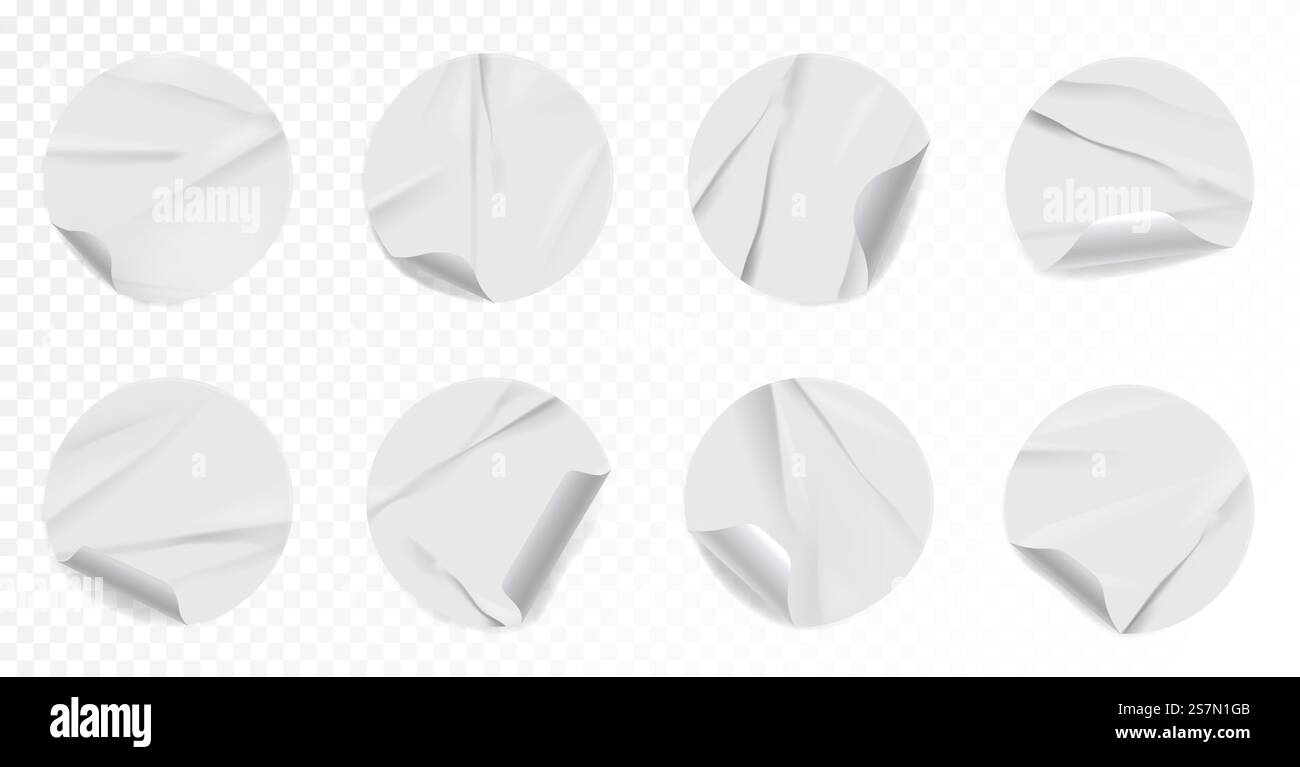 Adesivo o etichetta con angoli arricciati realistici. Set di patch adesive deformate con superficie trasparente e illustrazione vettoriale del bordo ritorto isolato su sfondo trasparente. Etichetta adesiva ruvida realistica con angolo arricciato Illustrazione Vettoriale