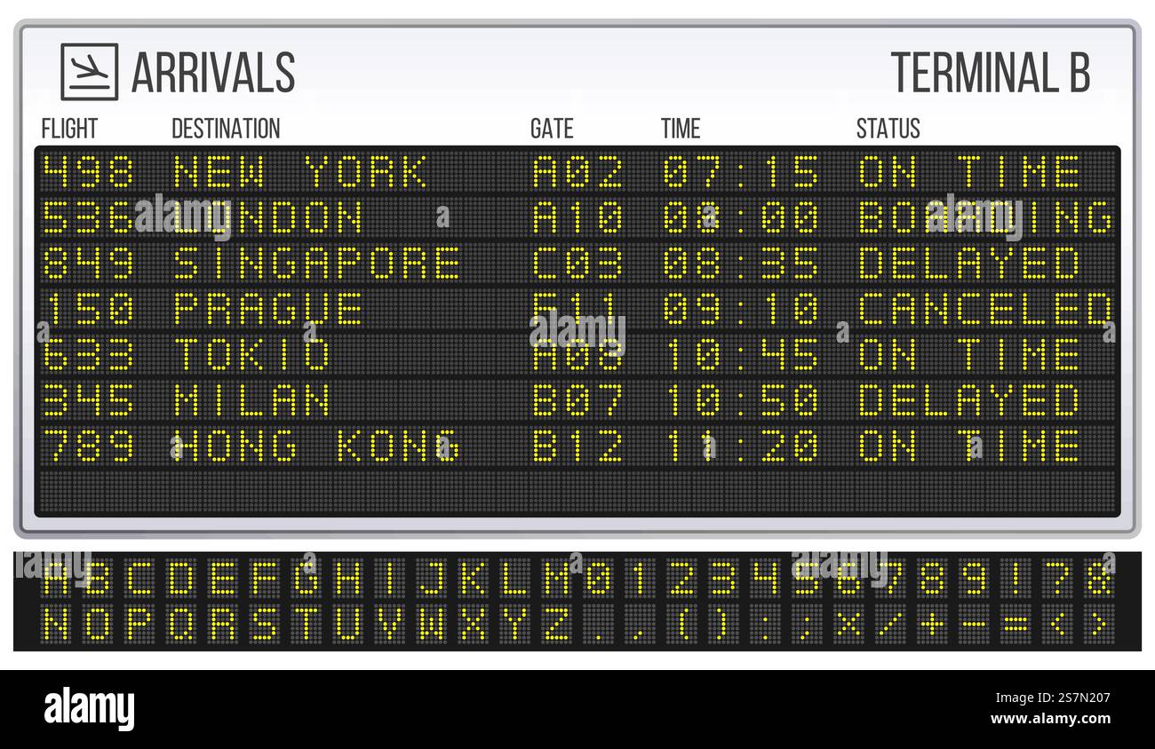 Tabellone segnapunti dell'aeroporto. Font della scheda LED digitale, segnali di arrivo e partenza. Le informazioni sulla ferrovia di partenza, sugli arrivi abc e sui numeri mostrano simboli realistici illustrazioni vettoriali. Tabellone segnapunti dell'aeroporto. Il carattere della scheda LED digitale, gli arrivi e le partenze indicano un'illustrazione vettoriale realistica Illustrazione Vettoriale