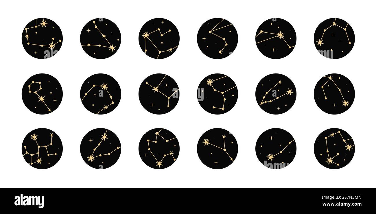 Set vettoriale di evidenziazioni con stelle dorate e costellazioni. Elementi magici mistici, oggetti occultisti spirituali. Stile minimalista alla moda. Illustrazione Vettoriale