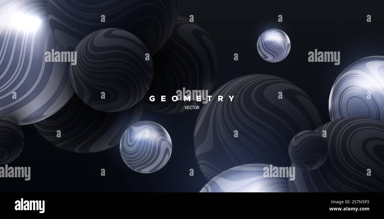 Sfere fluide nere e argentate con motivo a righe ondulate. Sfondo elegante astratto. Illustrazione vettoriale 3D. Palle rimbalzanti. Copertura moderna. Bollicine scintillanti. Decorazione per banner. Sfere fluide nere e argentate con motivo a righe ondulate Illustrazione Vettoriale