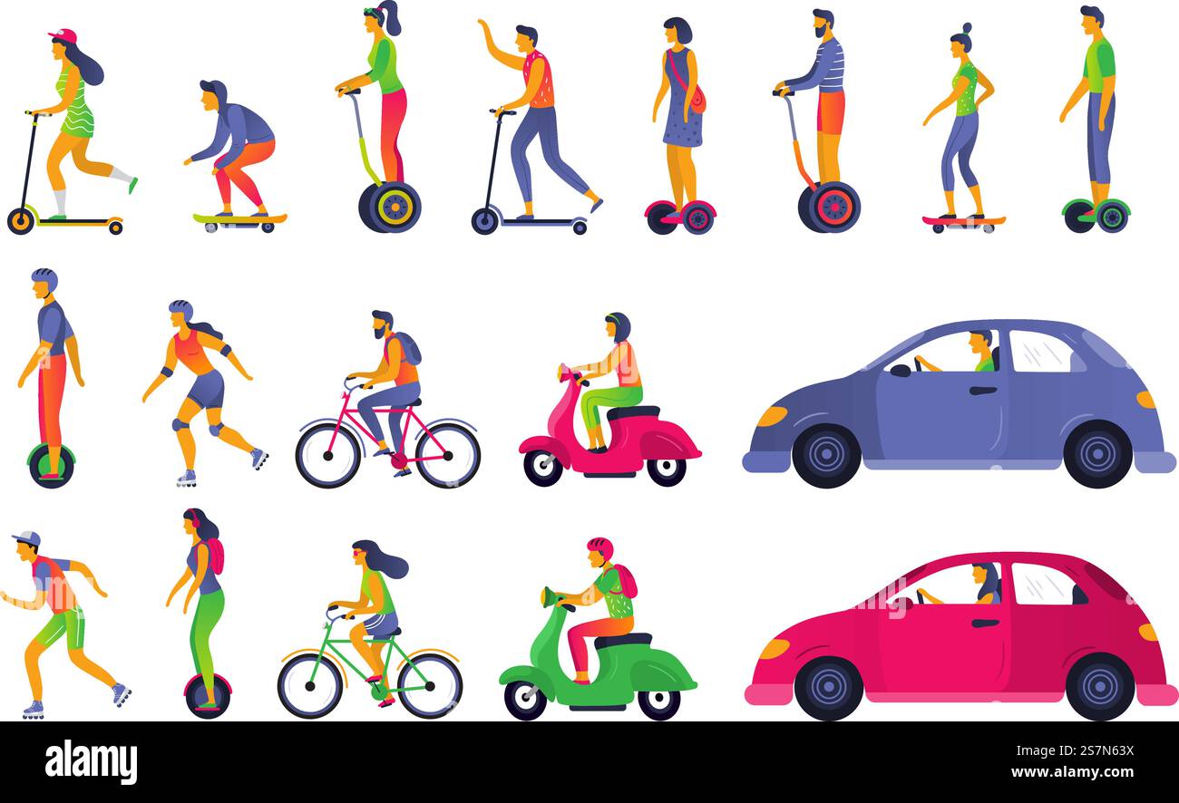 Persone sui mezzi di trasporto cittadini. Scooter elettrico hoverboard, segway e pattini a rotelle. Veicolo urbano e auto da trasporto. Set illustrativo di icone isolate per camminate urbane e trasporto di auto. Persone sui mezzi di trasporto cittadini. Scooter elettrico hoverboard, segway e pattini a rotelle. Illustrazione veicolo urbano e veicolo di trasporto Illustrazione Vettoriale