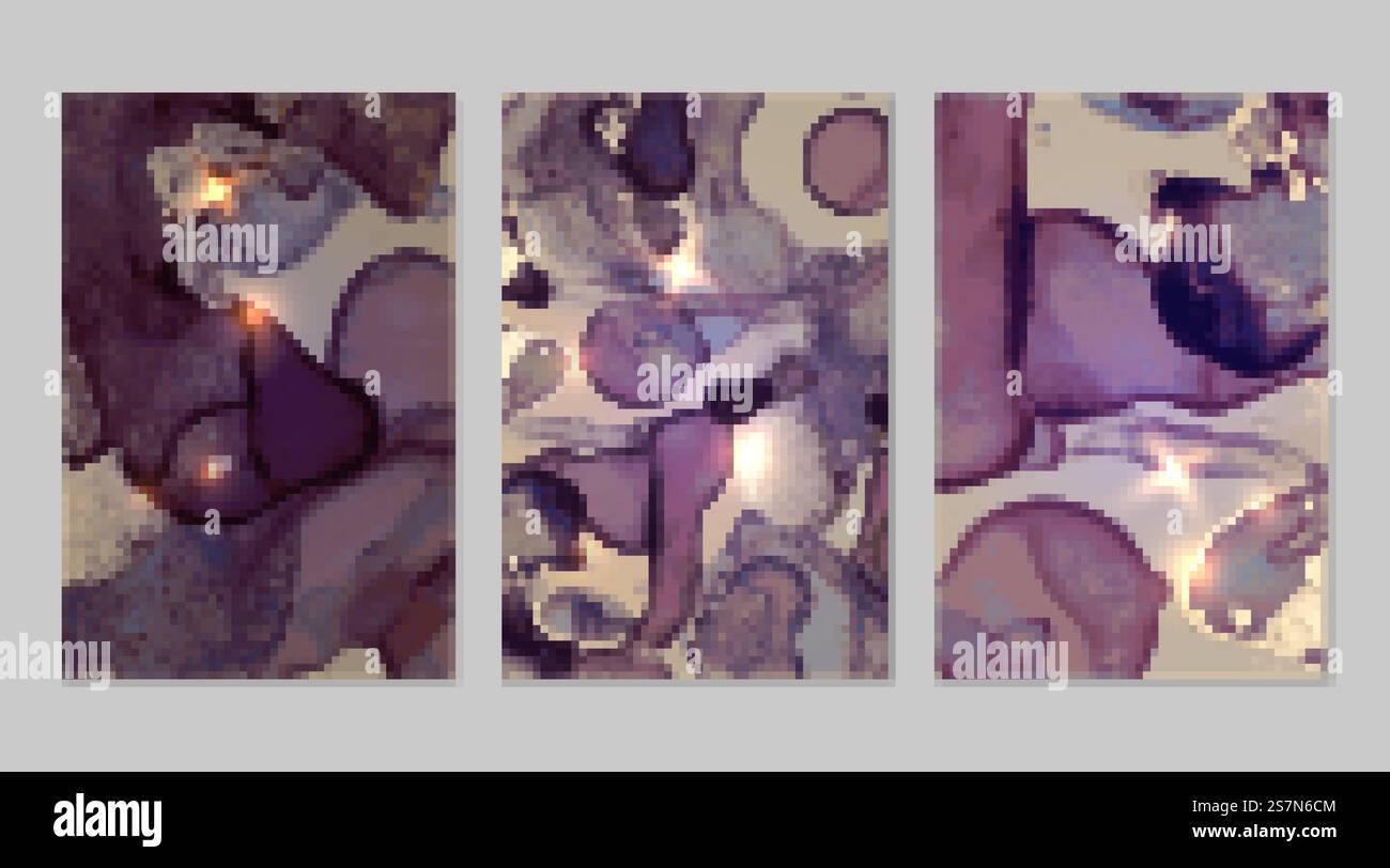 Set di marmo con sfondi dorati e viola con texture. Modello Geode con glitter. Sfondi vettoriali astratti nella tecnica dell'inchiostro ad alcool dell'arte fluida. Vernice moderna con scintille per striscioni e poster. Set di marmo con sfondi dorati e viola con texture Illustrazione Vettoriale