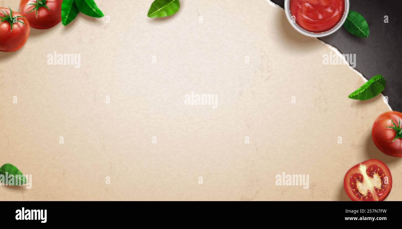 Pomodoro fresco e basilico su sfondo di carta kraft in illustrazione 3D. Pomodoro e basilico su carta kraft Illustrazione Vettoriale