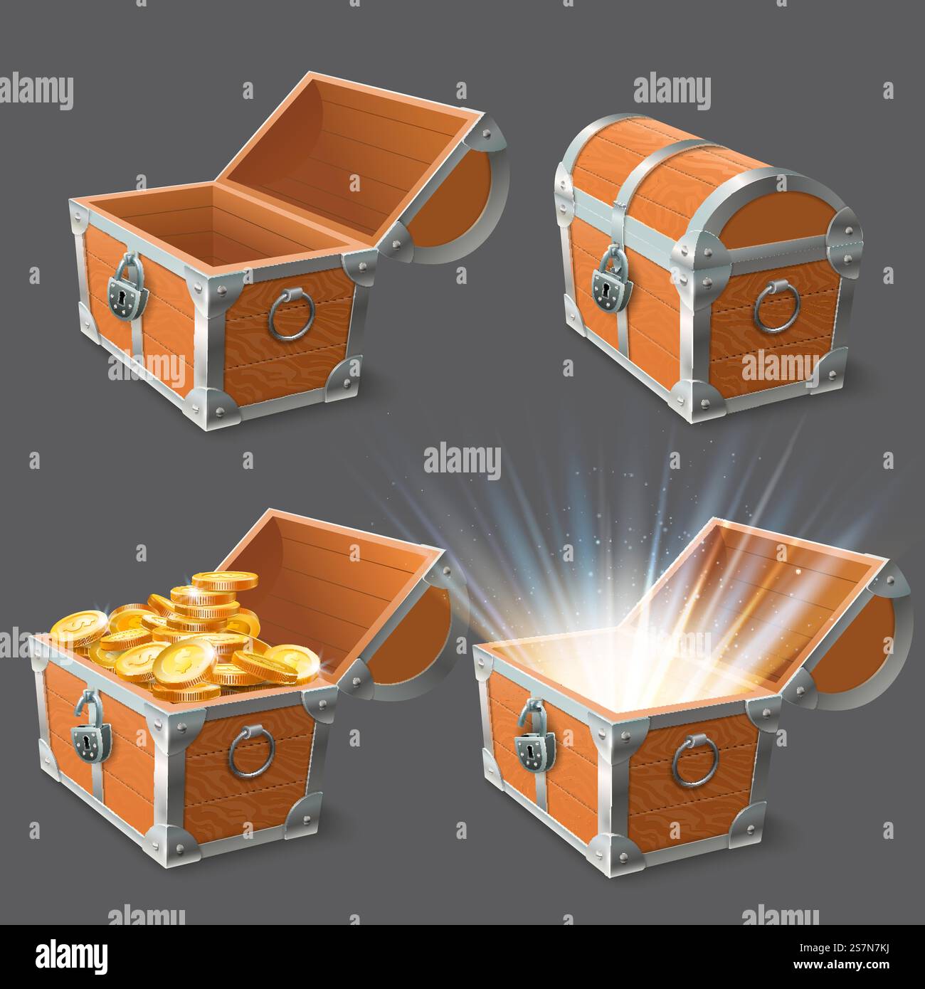 Cassa di legno. Forziere del tesoro, vecchia cassa in oro lucido e chiudi o apri casse vuote. Tesoro dei pirati o monete d'oro nell'antico petto. set di icone isolate per illustrazione vettoriale realistica 3d. Cassa di legno. Cassettiera del tesoro, vecchia custodia in oro lucido e set di illustrazioni vettoriali 3d chiuse o aperte Illustrazione Vettoriale