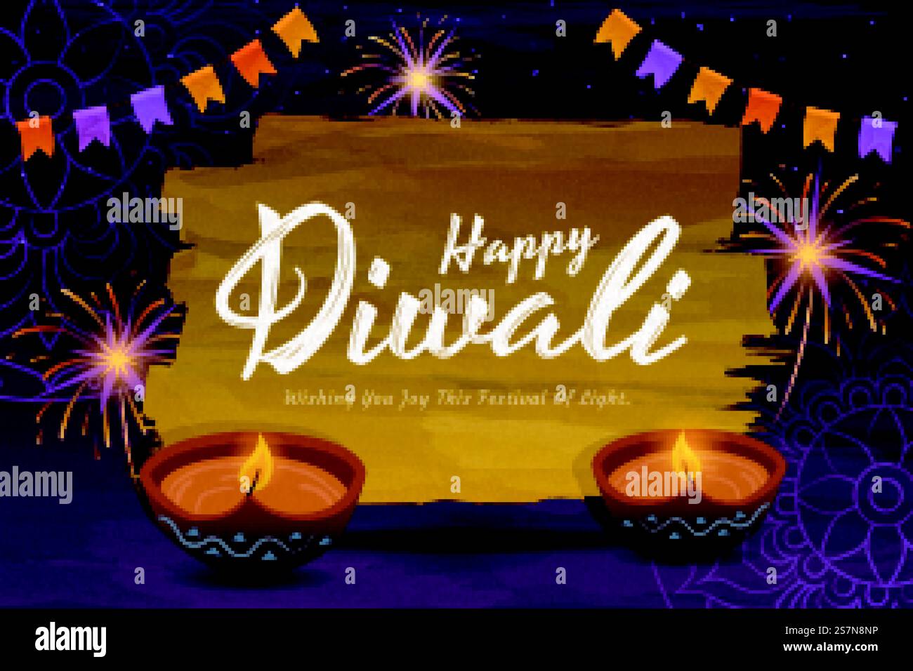 Design Happy Diwali con bellissime lampade a olio rangoli e diya su sfondo viola. Felice design Diwali Illustrazione Vettoriale