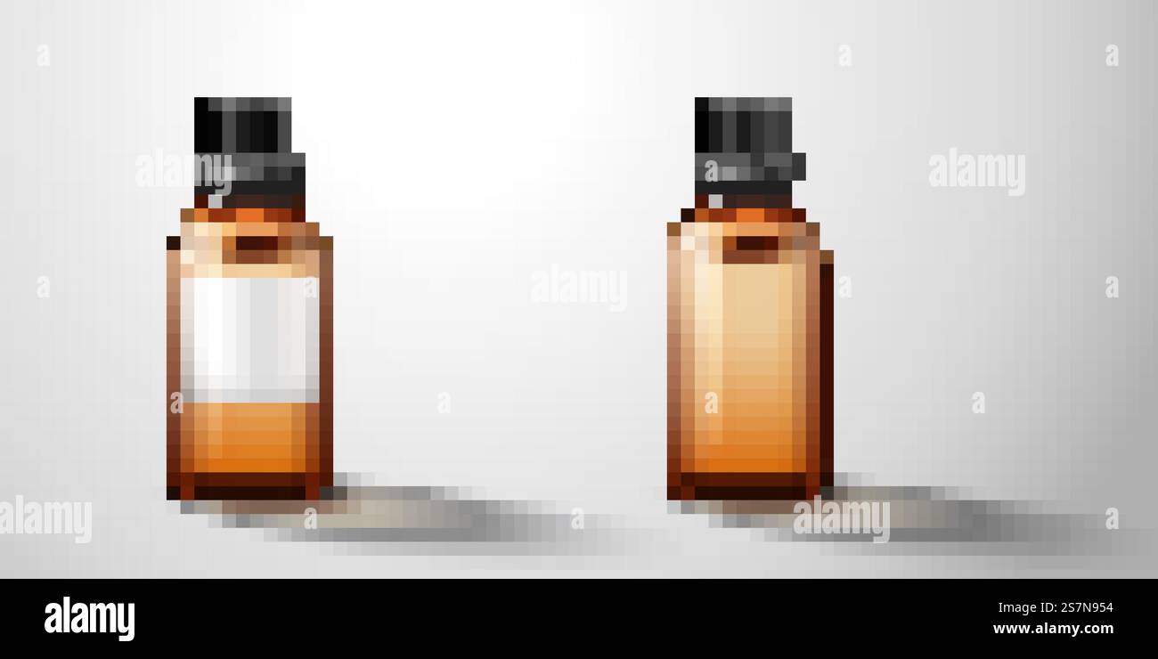 Flacone cosmetico in vetro, uno con etichetta, flacone marrone traslucido in illustrazione 3d. Flacone cosmetico in vetro Illustrazione Vettoriale