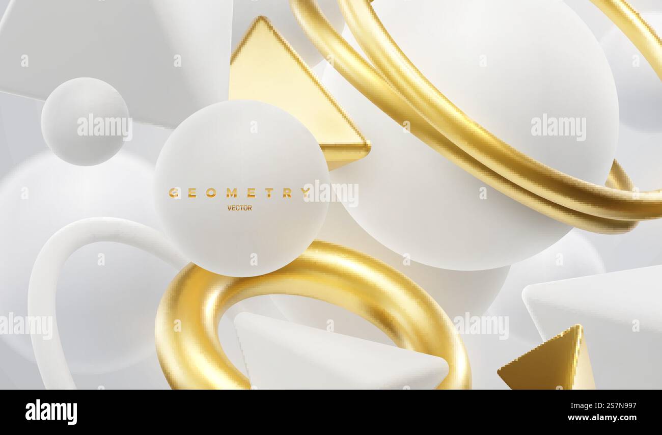 Sfondo dalle forme geometriche bianche e dorate. Sfondo elegante astratto con anelli, sfere, piramidi. Illustrazione vettoriale 3D. La geometria fluida primitizza la composizione. Design di striscioni o cartelli. Sfondo dalle forme geometriche bianche e dorate. Sfondo elegante astratto. Illustrazione Vettoriale
