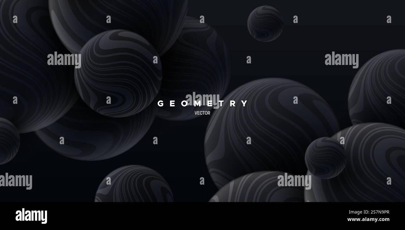 Sfere fluide nere con motivo a righe ondulate. Sfondo elegante astratto. Illustrazione vettoriale 3D. Palle rimbalzanti. Copertura moderna. Bolle marmorizzate. Decorazione per banner. Sfere fluide nere e dorate con motivo a righe ondulate Illustrazione Vettoriale