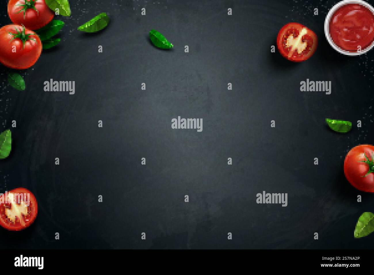 Pomodoro fresco e basilico sullo sfondo della lavagna nell'illustrazione 3D. Sottofondo di pomodoro fresco e basilico Illustrazione Vettoriale