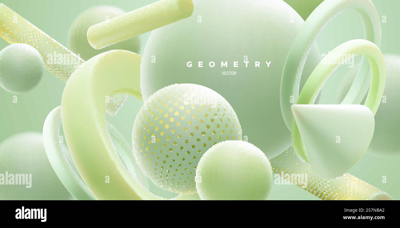 Sfondo astratto con forme verdi di menta 3d. Sfondo naturale astratto. Illustrazione vettoriale. La geometria fluida primitizza la composizione. Modello di copertina moderno. Elemento decorativo per banner. cluster di forme geometriche color verde menta pastello 3d. Composizione astratta ed elegante Illustrazione Vettoriale