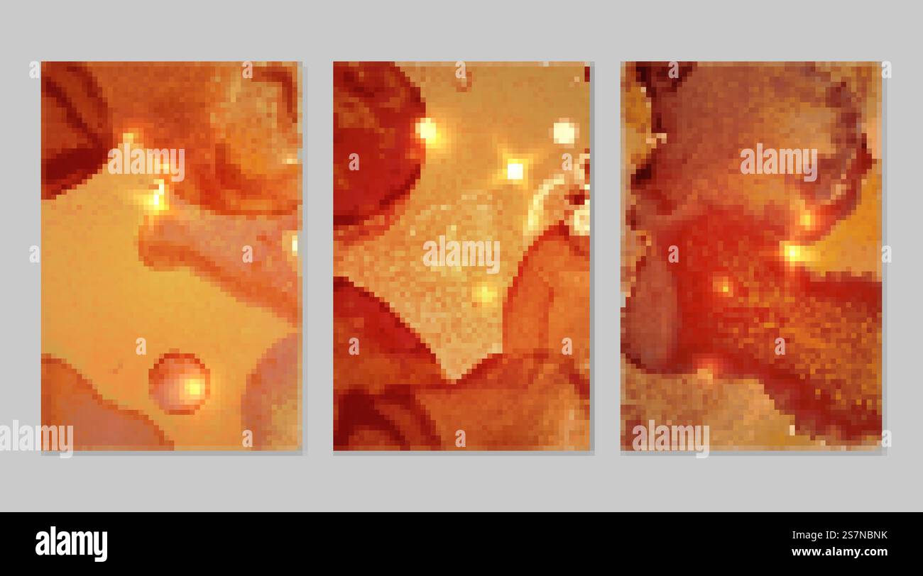 Set di marmo con sfondi dorati, arancioni e rossi con texture. Modello Geode con glitter. Sfondi vettoriali astratti nella tecnica dell'inchiostro ad alcool dell'arte fluida. Vernice moderna con scintille per striscioni e poster. Set di marmo con sfondi dorati, arancioni e rossi con texture Illustrazione Vettoriale