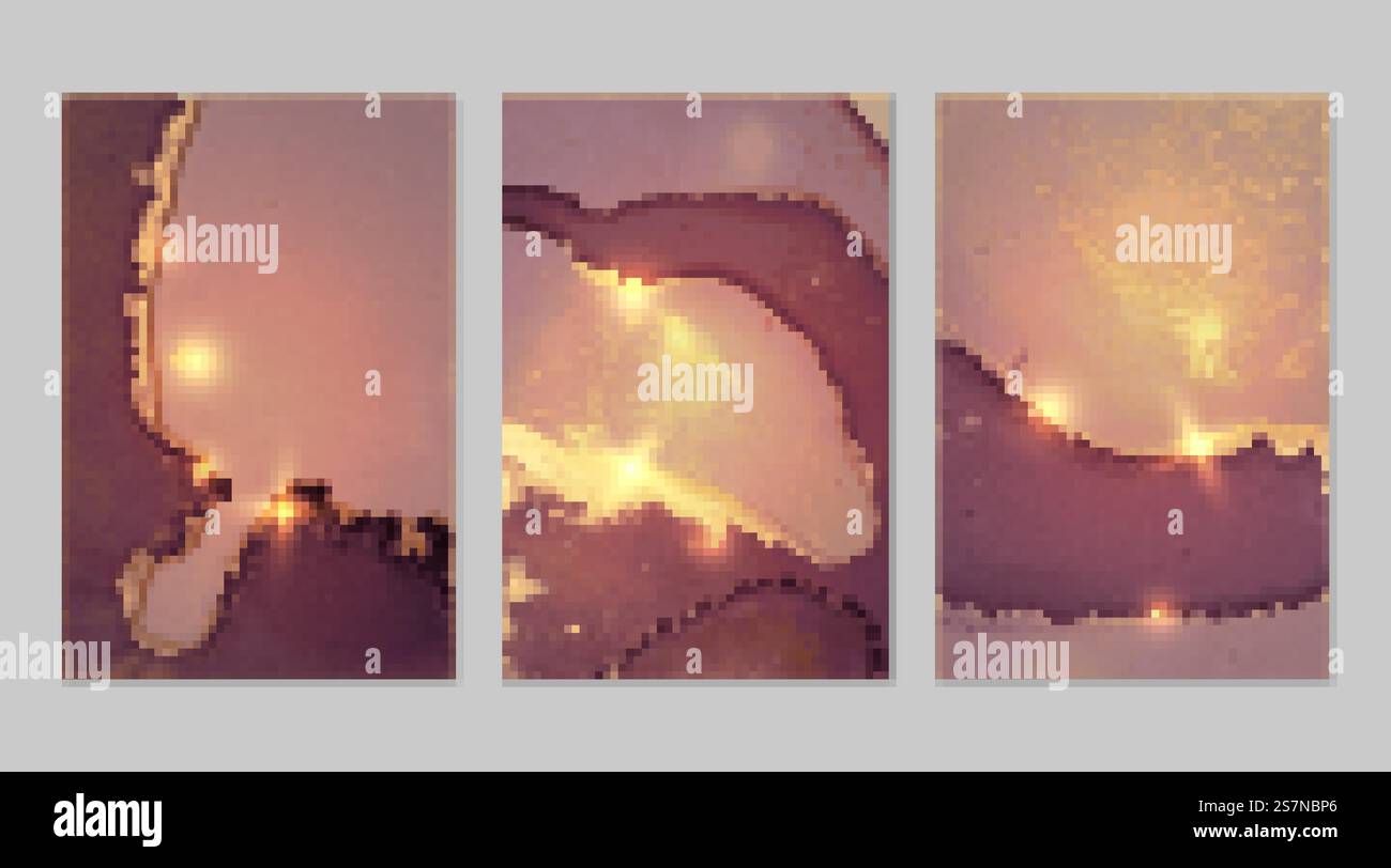 Set di marmo con sfondi in oro, viola e malva e texture. Modello Geode con glitter. Sfondi vettoriali astratti nella tecnica dell'inchiostro ad alcool dell'arte fluida. Vernice moderna con scintille per striscioni e poster. Set di marmo con sfondi in oro, viola e malva e texture Illustrazione Vettoriale