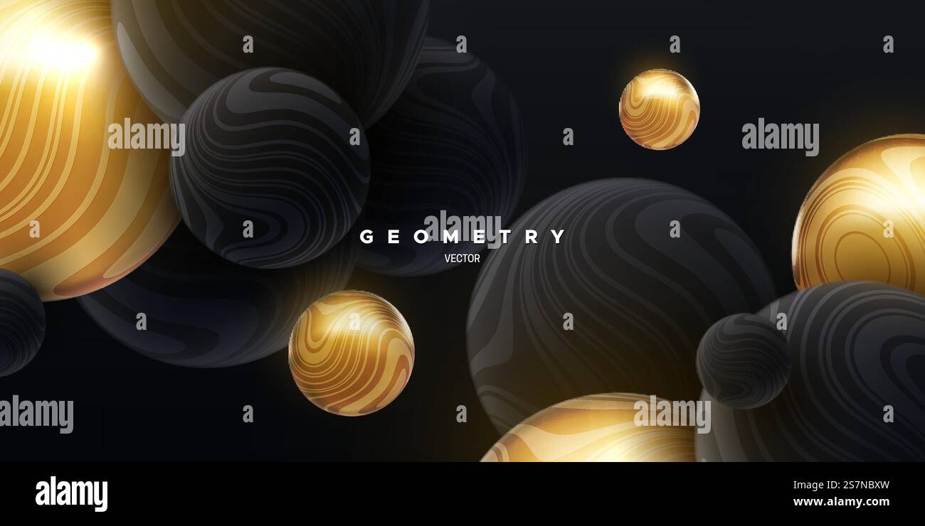 Sfere fluide nere e dorate con motivo a righe ondulate. Sfondo elegante astratto. Illustrazione vettoriale 3D. Palle rimbalzanti. Copertura moderna. Bollicine scintillanti. Decorazione per banner. Sfere fluide nere e dorate con motivo a righe ondulate Illustrazione Vettoriale