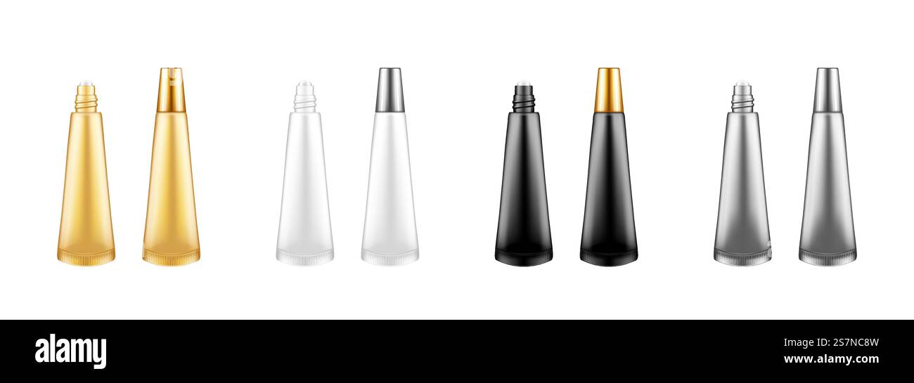 Tubo a rullo per occhi, labbra con crema, siero o olio essenziale per prevenire le rughe. Set di mockup dorati, argentati, bianchi e neri. Design della confezione. illustrazione vettoriale realistica isolata in 3d. Set di provette a rullo per occhielli dorati, argentati, bianchi e neri con panna, siero o olio essenziale Illustrazione Vettoriale