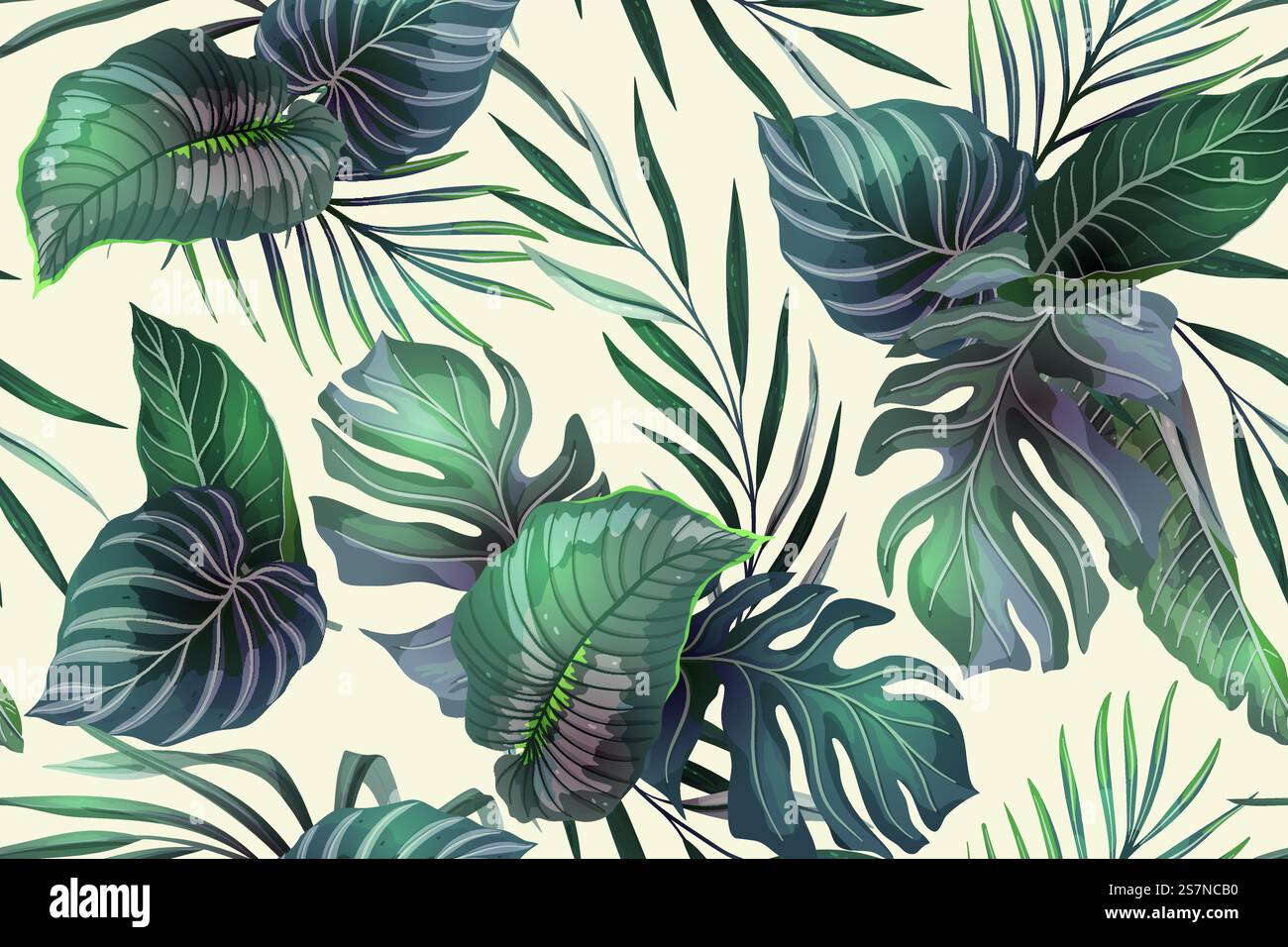 Motivo vettoriale senza cuciture con piante tropicali esotiche in stile moderno. Design di sfondo alla giungla alla moda. Stampa di carta da parati moda in tessuto naturale. Illustrazione Vettoriale