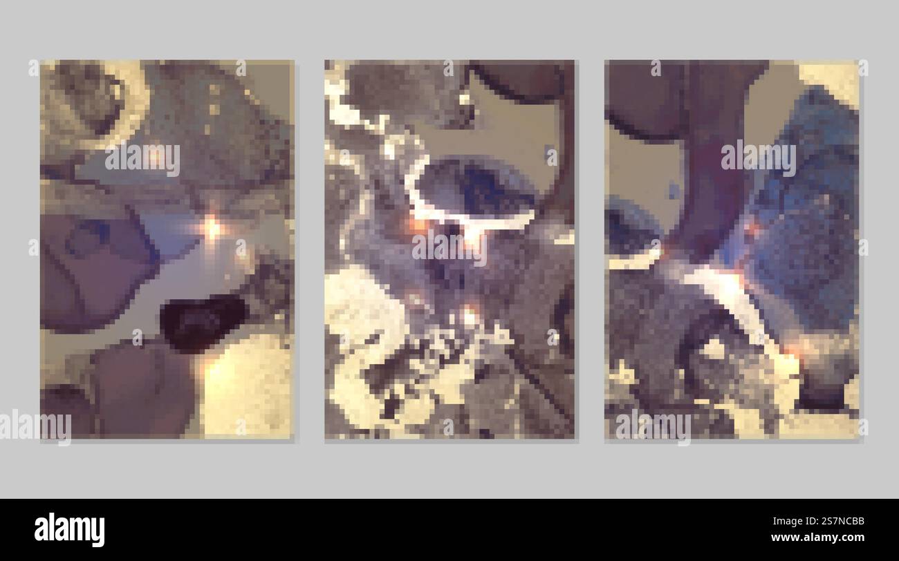 Motivo oro, viola e blu con texture di geode e scintillanti. Sfondo vettoriale astratto nella tecnica dell'inchiostro a base di alcool. Vernice moderna con glitter. Set di sfondi per banner e poster. Fluido art. Motivo oro, viola e blu con texture di geode e scintillanti Illustrazione Vettoriale