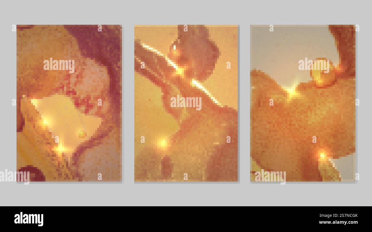 Motivo miele e oro con consistenza di geode e scintille. Sfondo vettoriale astratto nella tecnica dell'inchiostro a base di alcool. Vernice moderna con glitter. Set di sfondi per banner e poster. Fluido art. Motivo miele e oro con consistenza di geode e scintille Illustrazione Vettoriale