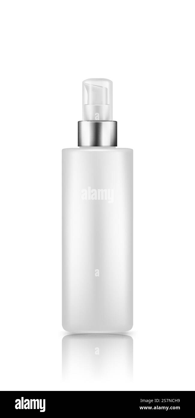 Flacone in plastica bianco vuoto con mockup con anello in argento. Pompare il campione di flacone per siero con tappo trasparente isolato su sfondo bianco Illustrazione Vettoriale