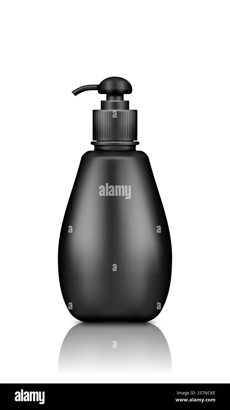 Mockup di bottiglia nera isolato su sfondo bianco: Gel, disinfettante, crema, igienizzante. Design del contenitore in plastica. Modello cosmetico vuoto, igienico, per la cura della pelle. illustrazione vettoriale realistica 3d. Mockup di bottiglia nera isolato su sfondo bianco: Gel, disinfettante, crema, igienizzante Illustrazione Vettoriale