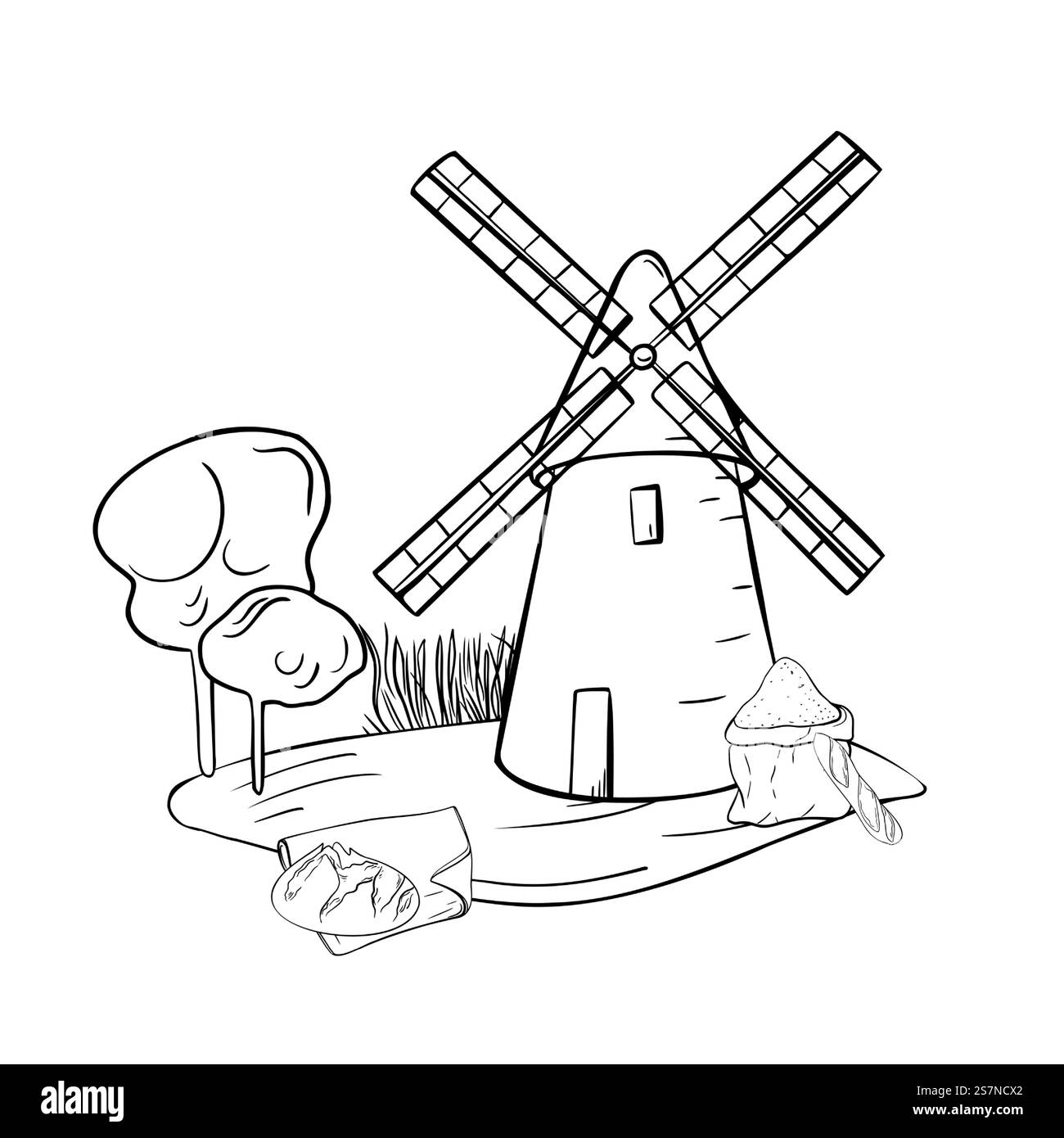 Paesaggio rustico di mulini a vento, sacchetti di pane e farina, illustrazione vettoriale bianco nero isolata. Mulino per pane rurale, mulino a torre trafilato a mano monocromatico Illustrazione Vettoriale